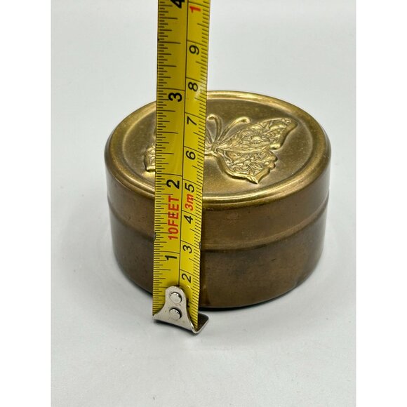 Butterfly Embossed Brass Box Small Cylindric Lidded Trinket Box Red Velvet - Picture 9 of 9
